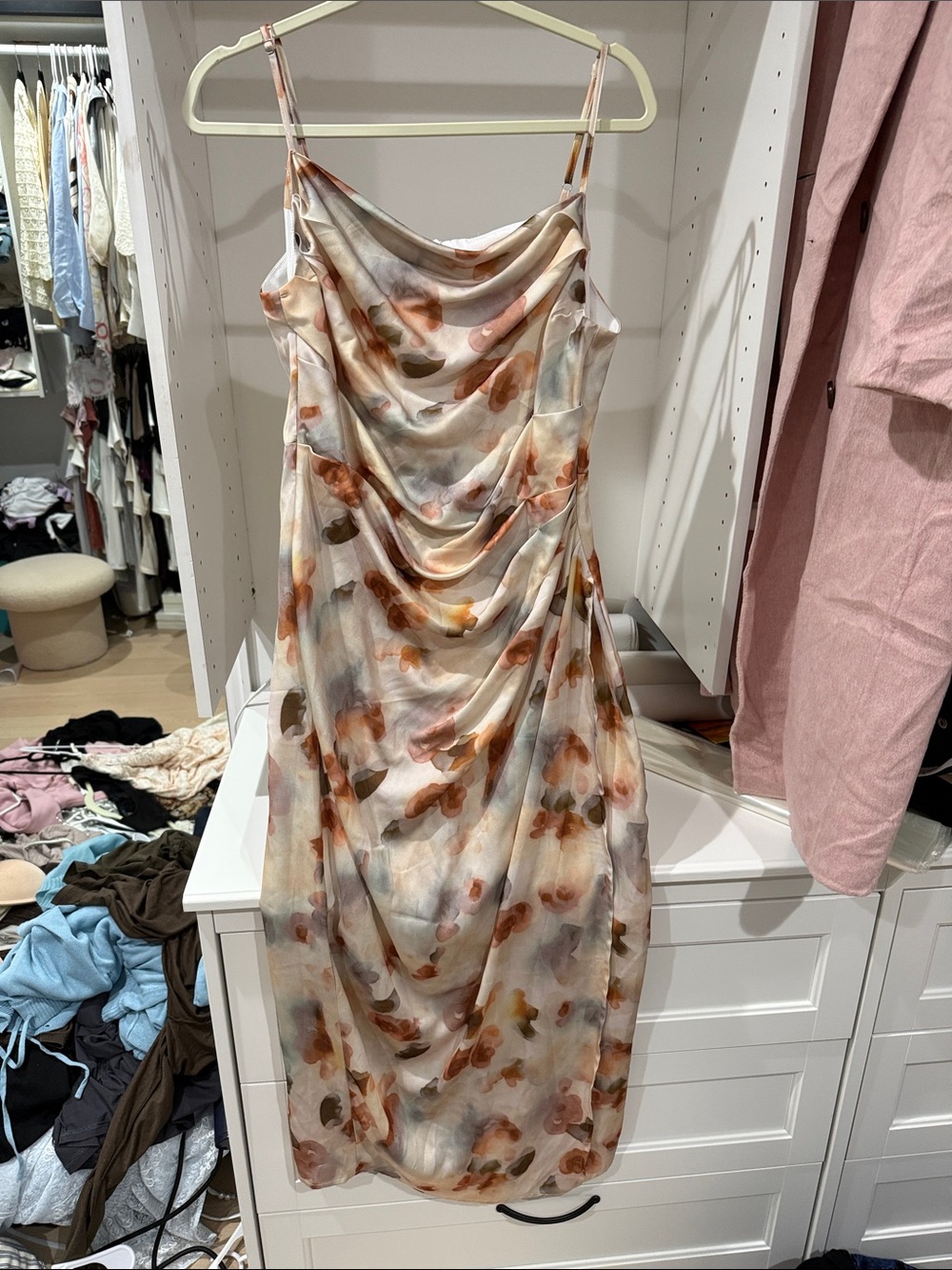 Floral Cowl Neck Slip Dress in Soft Peach and Tan